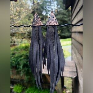 Handmade Black Fringe Triangle Snakeskin Drop Earrings NWT Coachella Vibe